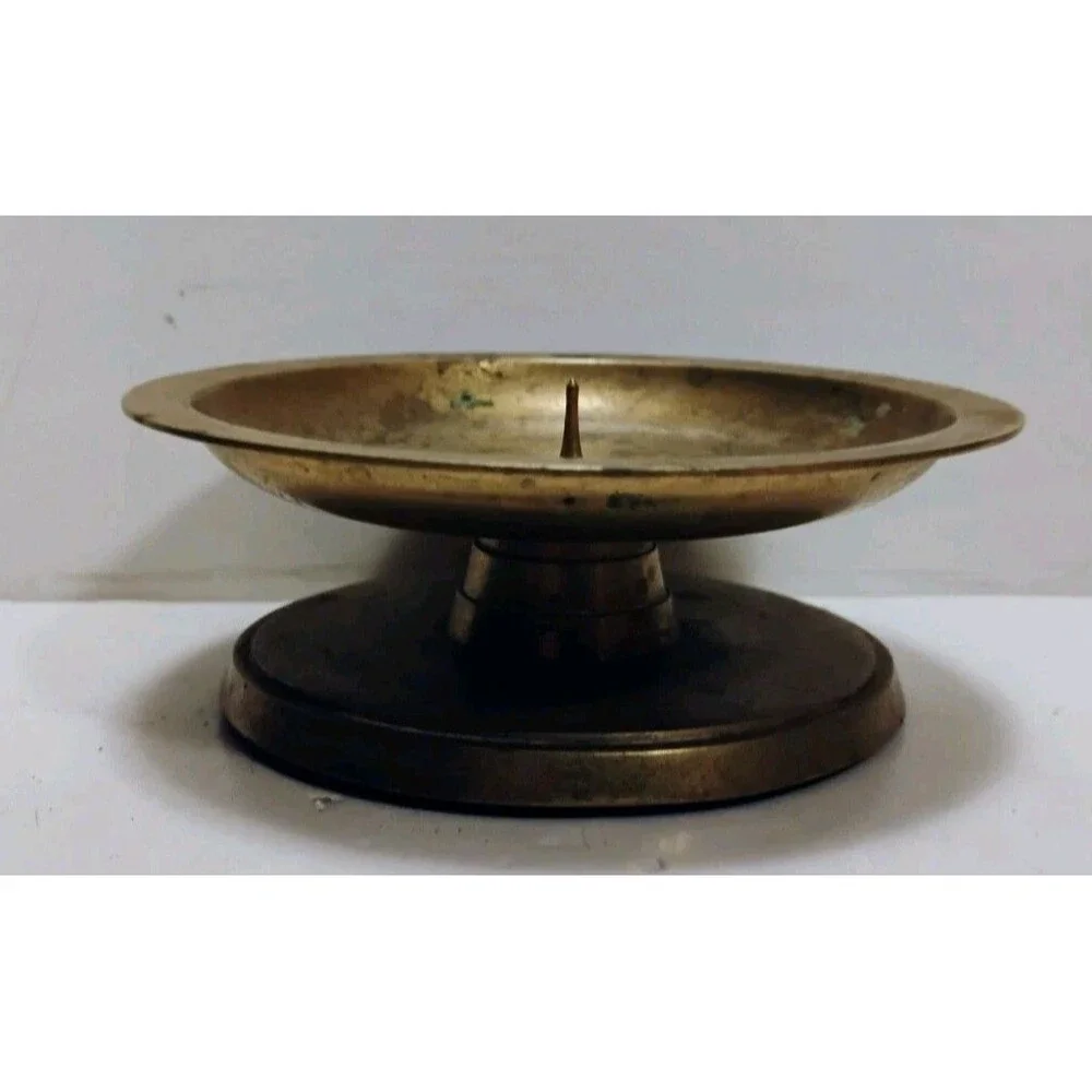 Vtg Heavy Solid Brass Pricket Candle Holder Low Profile Saucer Pillar Stand 2